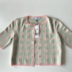 ZARA Short Sleeve Green/Pink Button Down Blouse